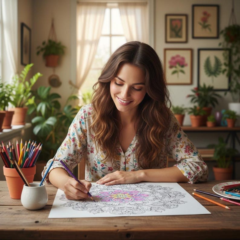 Peut inclure: Une femme aux longs cheveux bruns colorie un motif mandala avec des crayons de couleur. La sc&egrave;ne se d&eacute;roule sur une table en bois avec un pot de crayons en terre cuite et une tasse en c&eacute;ramique blanche. La femme porte un haut &agrave; imprim&eacute; floral.