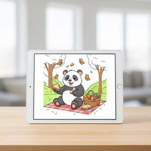 May include: A digital illustration of a panda bear enjoying a picnic on a red and white checkered blanket. The panda is holding a sandwich and a breadstick, with a basket of fruit and sandwiches nearby. Butterflies flutter around the panda.
