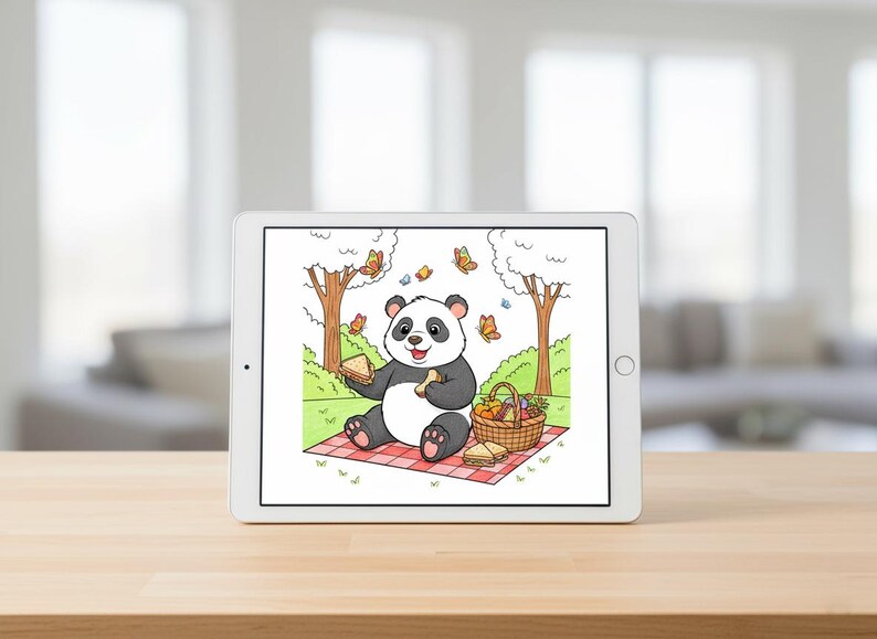 May include: A digital illustration of a panda bear enjoying a picnic on a red and white checkered blanket. The panda is holding a sandwich and a breadstick, with a basket of fruit and sandwiches nearby. Butterflies flutter around the panda.