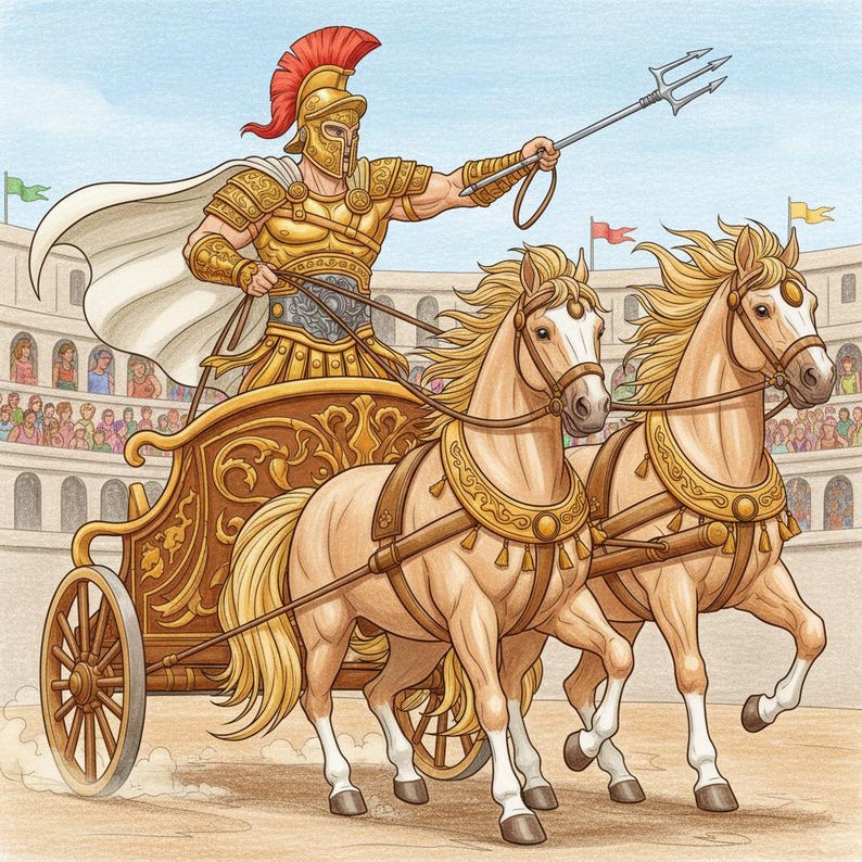 May include: Illustration of a Roman chariot race. A golden-armoured figure with a red-plumed helmet drives a chariot pulled by two tan horses. The chariot is ornate, and the background shows a stadium filled with spectators.