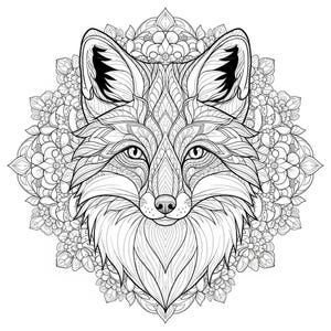 以下が含まれることがあります： 詳細な白黒イラスト。複雑な花柄と幾何学模様でデザインされたキツネの顔。キツネは中央に配置され、花のマンダラに囲まれています。塗り絵や芸術的なプロジェクトに最適です。