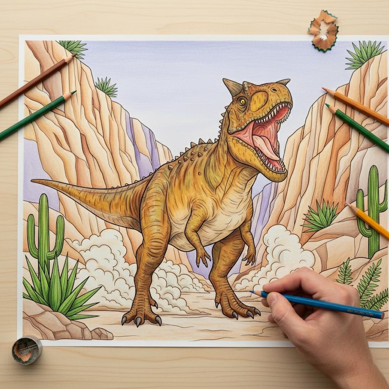 Hand coloring a detailed Carnotaurus dinosaur in a desert canyon with cacti and dust clouds. A vibrant, completed page example from the Jurassic World adventure dinosaur coloring book for kids.