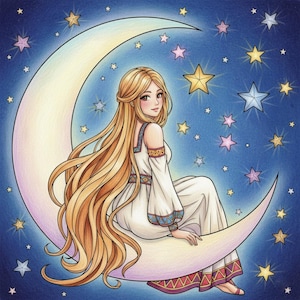 May include: Illustration of a woman with long blonde hair, wearing a white dress, seated on a crescent moon. The background is a dark blue sky filled with colorful stars. The artwork has a whimsical, fairytale theme.