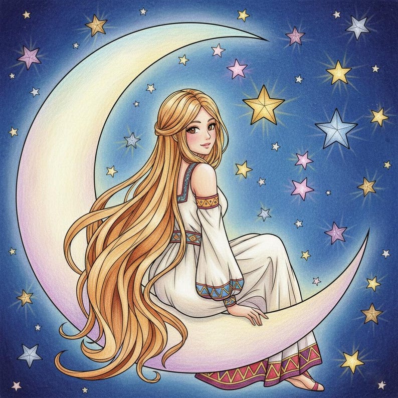 May include: Illustration of a woman with long blonde hair, wearing a white dress, seated on a crescent moon. The background is a dark blue sky filled with colorful stars. The artwork has a whimsical, fairytale theme.