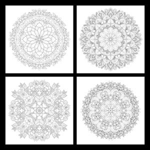 Peut inclure: Quatre motifs de mandala en noir et blanc, chacun dans un cadre carr&eacute;. Les mandalas pr&eacute;sentent des motifs floraux et g&eacute;om&eacute;triques complexes, parfaits pour le coloriage ou les projets artistiques. Les motifs comprennent une fleur de lotus et des arrangements sym&eacute;triques d&eacute;taill&eacute;s.
