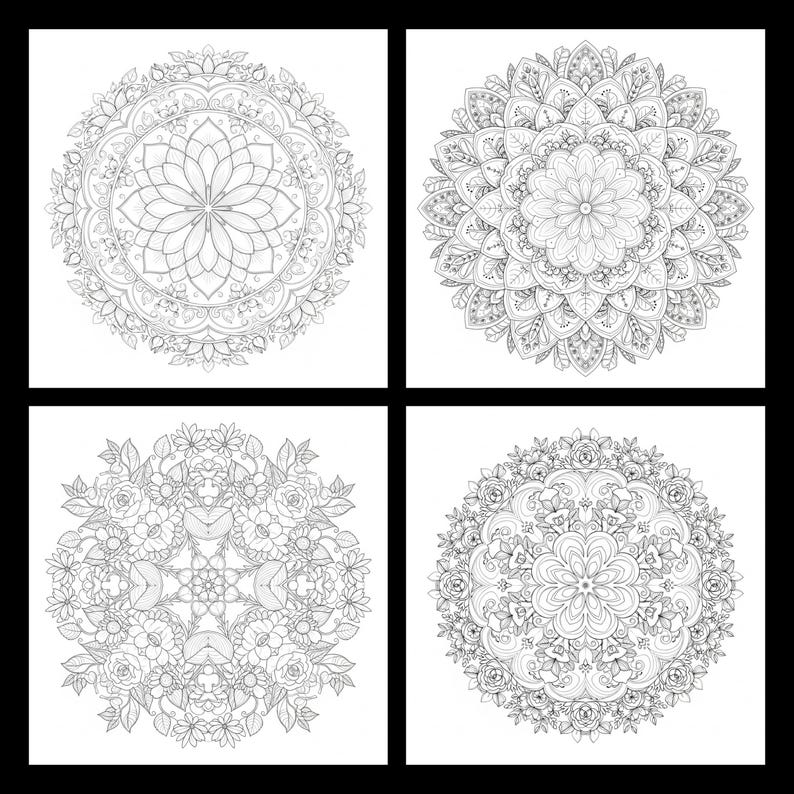 Peut inclure: Quatre motifs de mandala en noir et blanc, chacun dans un cadre carr&eacute;. Les mandalas pr&eacute;sentent des motifs floraux et g&eacute;om&eacute;triques complexes, parfaits pour le coloriage ou les projets artistiques. Les motifs comprennent une fleur de lotus et des arrangements sym&eacute;triques d&eacute;taill&eacute;s.