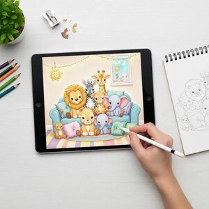 May include: A digital illustration of a group of cartoon animals, including a lion, zebra, giraffe, and elephant, sitting on a blue couch. The image is displayed on a tablet, with a hand holding a stylus. A coloring book is visible.