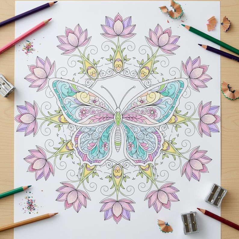 May include: A detailed butterfly and floral mandala coloring page with a variety of colored pencils and sharpeners scattered around the edges. The butterfly is in the center, with pastel colors of pink, blue, and yellow. Surrounding the butterfly are lotus flowers.