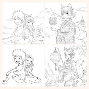 May include: Four-panel illustration featuring manga-style characters. Two panels depict couples, one male and one female, in a seated position. The other two panels show a woman with fox ears and a kimono holding a lantern. All images are black and white.