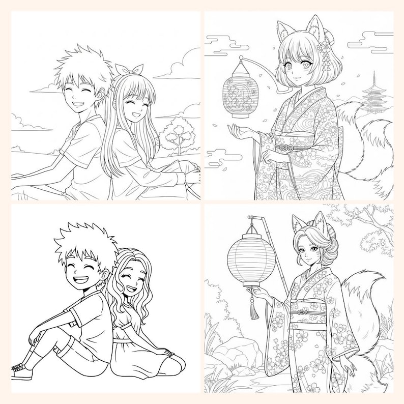 May include: Four-panel illustration featuring manga-style characters. Two panels depict couples, one male and one female, in a seated position. The other two panels show a woman with fox ears and a kimono holding a lantern. All images are black and white.