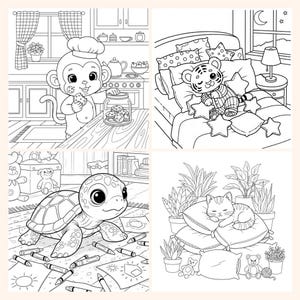 May include: Black and white line art illustrations of four scenes. A monkey chef with cookies, a tiger cub in bed, a turtle with crayons, and a cat sleeping on pillows. The images are suitable for coloring.