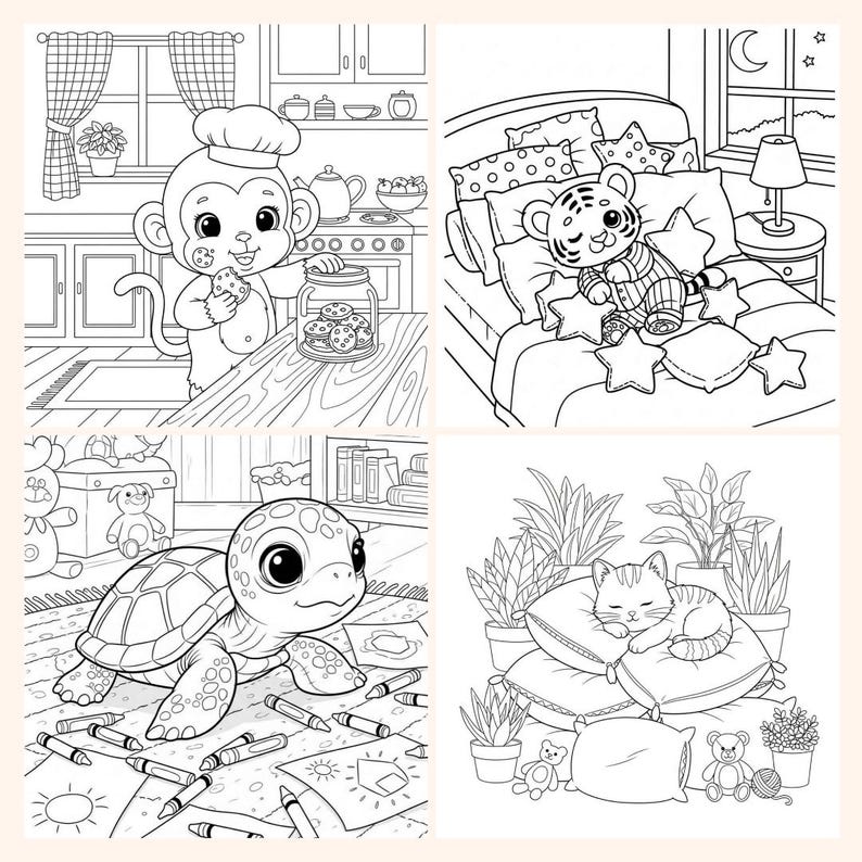 May include: Black and white line art illustrations of four scenes. A monkey chef with cookies, a tiger cub in bed, a turtle with crayons, and a cat sleeping on pillows. The images are suitable for coloring.