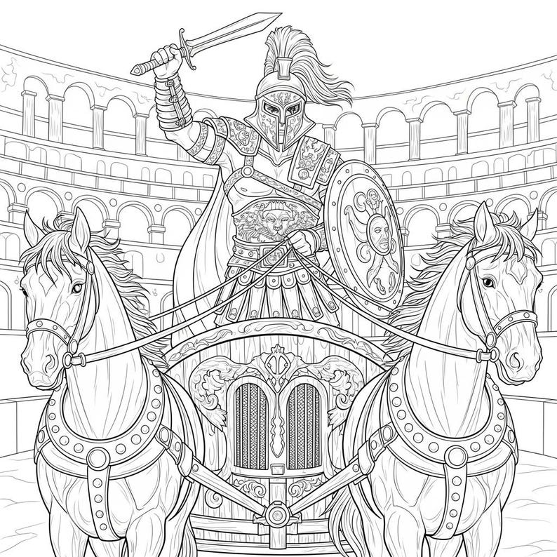 May include: Black and white illustration of a Roman gladiator in a chariot pulled by two horses. The gladiator is wearing armour and a helmet, holding a sword and shield. The background shows an arena.