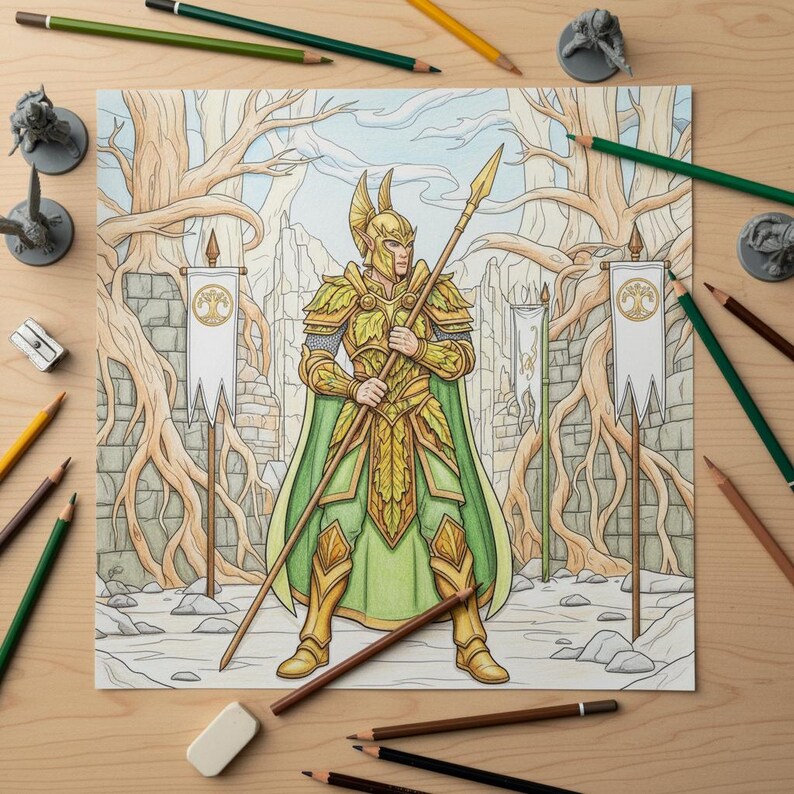 May include: A detailed coloring page featuring a warrior in gold and green armor, holding a spear. The artwork is surrounded by pencils, erasers, and miniature figurines. The background depicts a fantasy landscape with trees and banners.