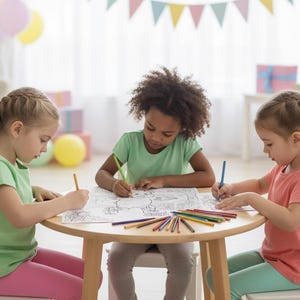 May include: Three young children are seated around a small, round wooden table, coloring with crayons. The children are wearing colorful shirts and pants. A variety of colored pencils are on the table. Balloons and party decorations are in the background.