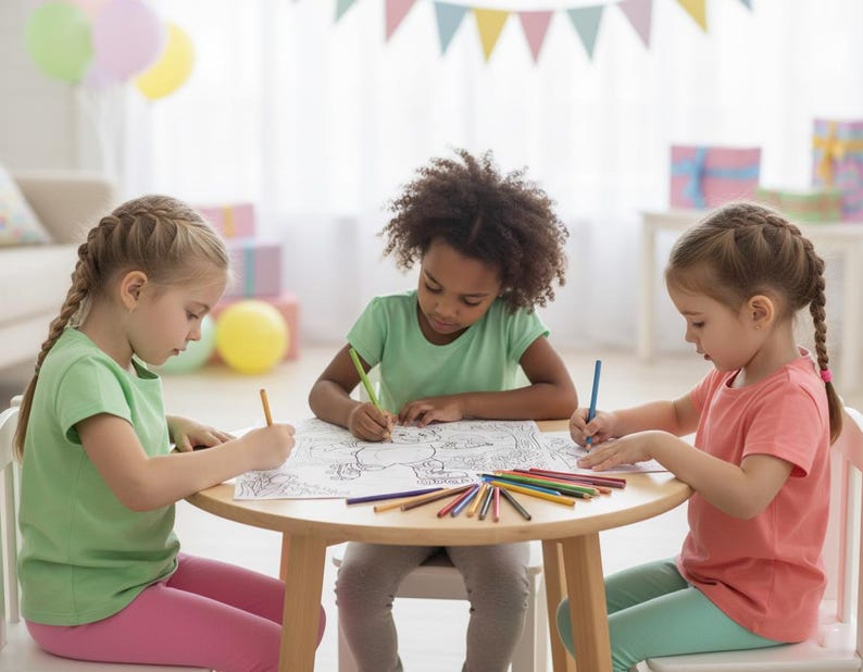 May include: Three young children are seated around a small, round wooden table, coloring with crayons. The children are wearing colorful shirts and pants. A variety of colored pencils are on the table. Balloons and party decorations are in the background.