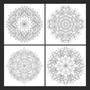 A 4-grid preview of intricate black and white floral mandala coloring pages featuring blooming flowers, petals, and botanical leaves. These detailed line art designs are part of our 100-page Floral Mandala collection, perfect for adult relaxation, mindfulness, and creative art therapy.