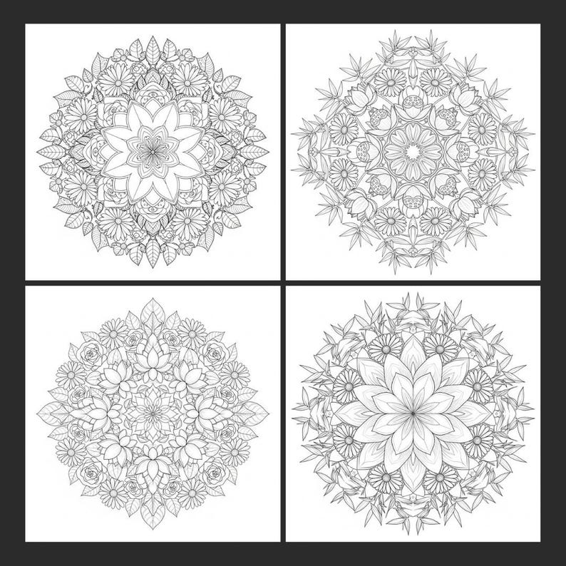 A 4-grid preview of intricate black and white floral mandala coloring pages featuring blooming flowers, petals, and botanical leaves. These detailed line art designs are part of our 100-page Floral Mandala collection, perfect for adult relaxation, mindfulness, and creative art therapy.