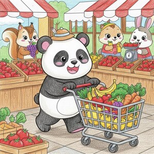 May include: A colorful illustration of a panda pushing a shopping cart filled with fruits and vegetables at a farmer's market. Other cartoon animals are shopping at the market stalls, which are filled with produce.