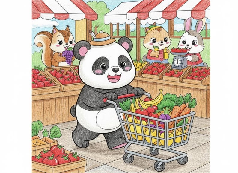 May include: A colorful illustration of a panda pushing a shopping cart filled with fruits and vegetables at a farmer's market. Other cartoon animals are shopping at the market stalls, which are filled with produce.