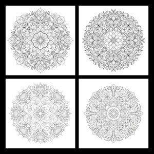 Peut inclure: Quatre motifs de mandala d&eacute;taill&eacute;s en noir et blanc. Chaque motif circulaire pr&eacute;sente des motifs floraux et g&eacute;om&eacute;triques complexes, parfaits pour la coloration ou les projets artistiques. Les motifs sont sur fond blanc.