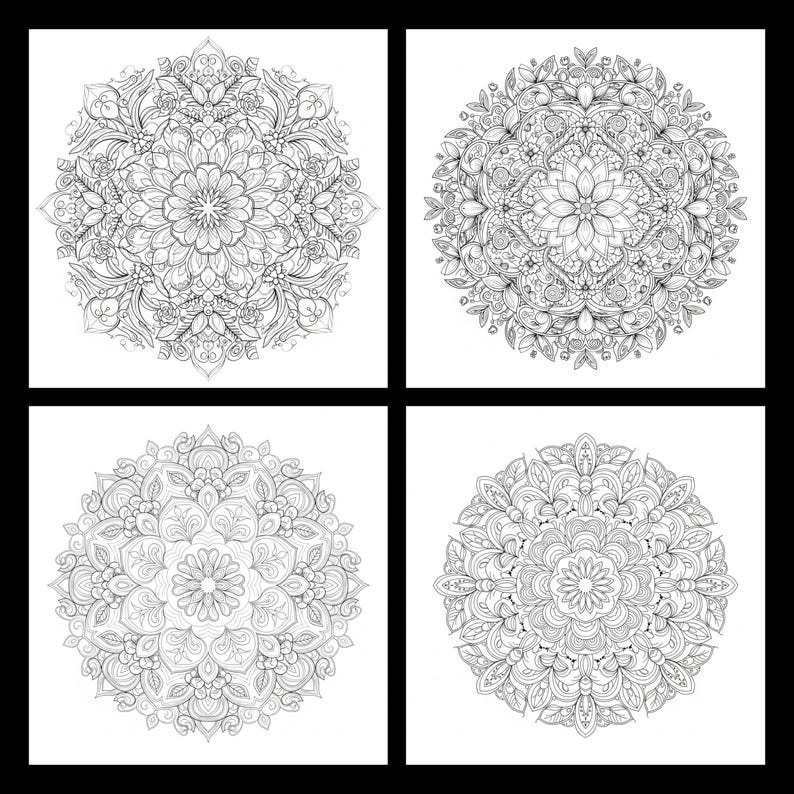 Peut inclure: Quatre motifs de mandala d&eacute;taill&eacute;s en noir et blanc. Chaque motif circulaire pr&eacute;sente des motifs floraux et g&eacute;om&eacute;triques complexes, parfaits pour la coloration ou les projets artistiques. Les motifs sont sur fond blanc.