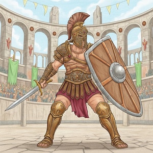 May include: Illustration of a gladiator in a Roman arena. The gladiator is wearing gold armour, a helmet with a red crest, and a red skirt. He holds a sword and a wooden shield, with a crowd in the background.