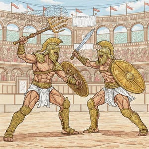 May include: Illustration of two gladiators in a Roman arena. One gladiator wields a trident, the other a sword. Both wear golden helmets, armour, and shields. The background shows a packed stadium with spectators and red flags.