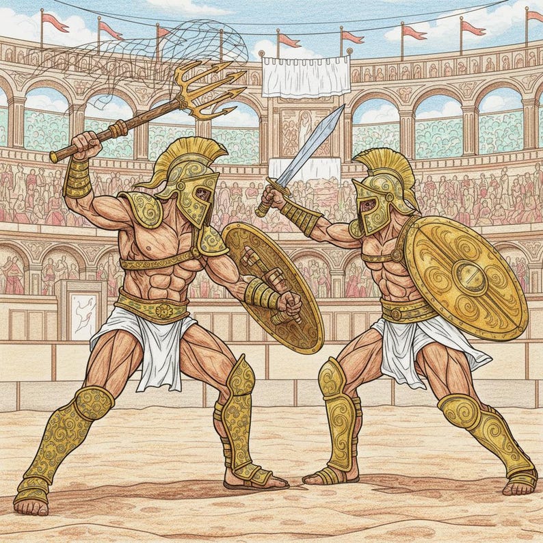 May include: Illustration of two gladiators in a Roman arena. One gladiator wields a trident, the other a sword. Both wear golden helmets, armour, and shields. The background shows a packed stadium with spectators and red flags.