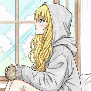 May include: An illustration of a person with long blonde hair wearing a gray hoodie, looking out a window. The person is holding a book. The background shows a window with a view of the sky and trees.