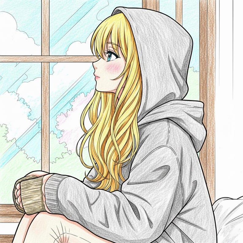May include: An illustration of a person with long blonde hair wearing a gray hoodie, looking out a window. The person is holding a book. The background shows a window with a view of the sky and trees.