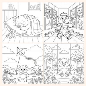 May include: Four-panel illustration featuring a panda bear in various scenes. One panel shows a panda sleeping on a pillow with a teddy bear. Another depicts a panda as an artist. The other two panels show a panda with a kite and on a swing.