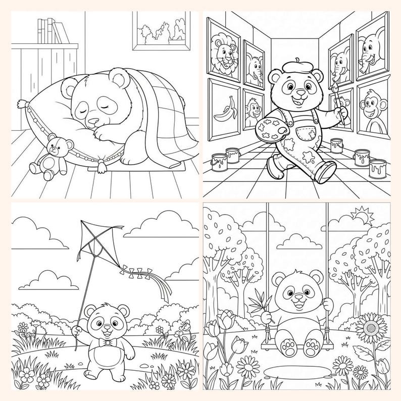May include: Four-panel illustration featuring a panda bear in various scenes. One panel shows a panda sleeping on a pillow with a teddy bear. Another depicts a panda as an artist. The other two panels show a panda with a kite and on a swing.