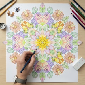 A person's hand coloring a large floral mandala featuring roses and daisies with a blue pencil. This lifestyle preview highlights the detailed line art and relaxing coloring process of our 100-page Floral Mandala collection, ideal for adult stress relief and creative mindfulness.
