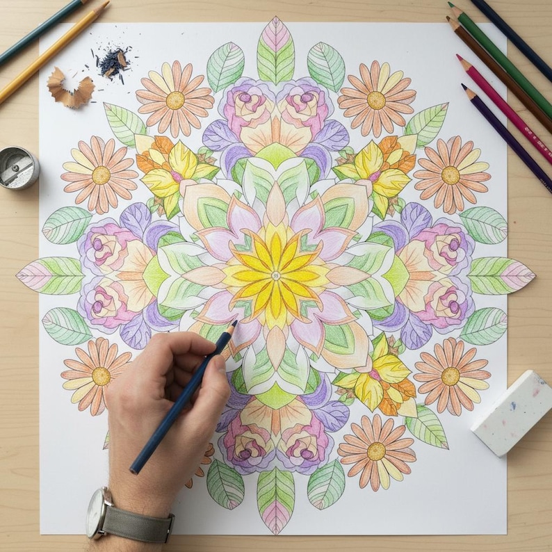 A person's hand coloring a large floral mandala featuring roses and daisies with a blue pencil. This lifestyle preview highlights the detailed line art and relaxing coloring process of our 100-page Floral Mandala collection, ideal for adult stress relief and creative mindfulness.