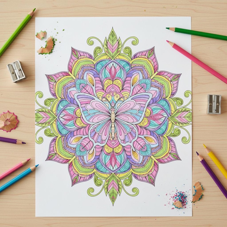 May include: A detailed, colorful butterfly mandala coloring page with a variety of colored pencils and sharpeners scattered around it. The mandala features a butterfly in the center, with pink, blue, yellow, and green hues. The pencils are green, pink, yellow, and purple.