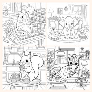 May include: Four-panel illustration featuring adorable animals in cozy settings. A hamster sits near books and crayons, an elephant sits on a rug, a squirrel eats a cupcake, and a zebra relaxes on a couch. All images are black and white line drawings.