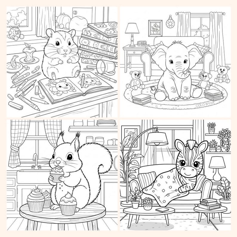 May include: Four-panel illustration featuring adorable animals in cozy settings. A hamster sits near books and crayons, an elephant sits on a rug, a squirrel eats a cupcake, and a zebra relaxes on a couch. All images are black and white line drawings.