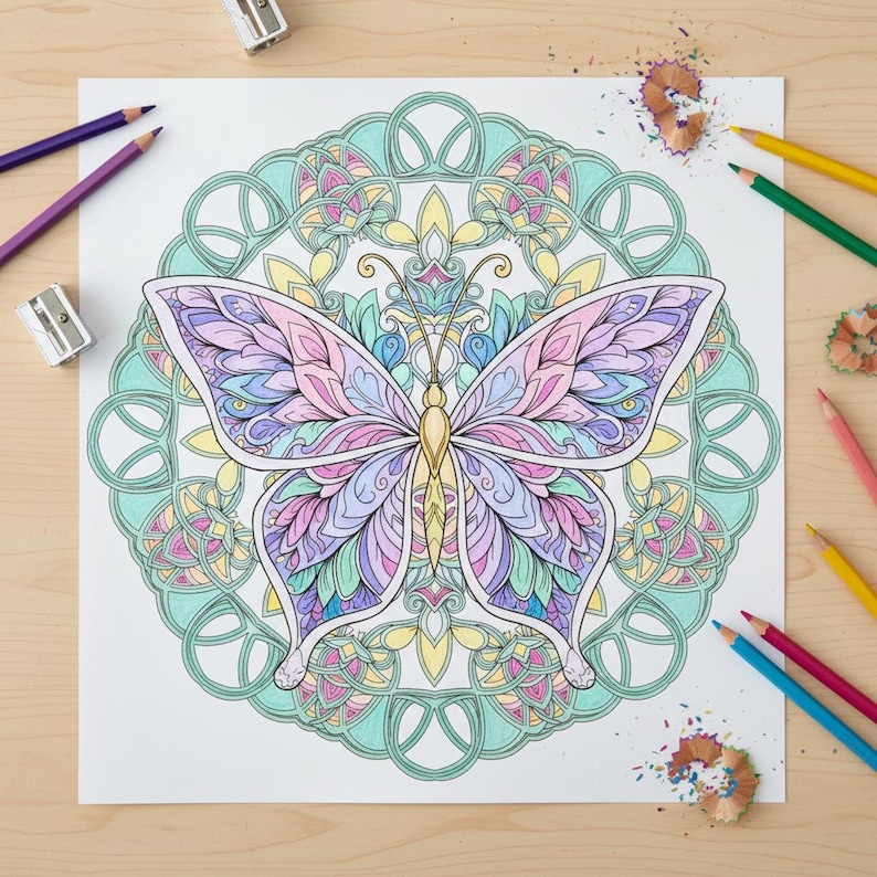 May include: A detailed butterfly coloring page with a mandala design. The butterfly is colored in shades of pink, purple, and blue, with a yellow body. Colored pencils and pencil sharpeners are scattered around the page, suggesting a creative activity.