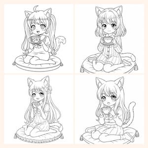 May include: Four black and white illustrations of anime-style characters with cat ears, each holding a teacup and saucer. They are seated on decorative pillows. The characters are in various outfits, including dresses and pajamas, and have long hair.