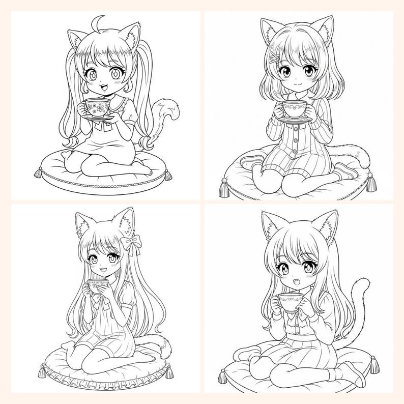 May include: Four black and white illustrations of anime-style characters with cat ears, each holding a teacup and saucer. They are seated on decorative pillows. The characters are in various outfits, including dresses and pajamas, and have long hair.