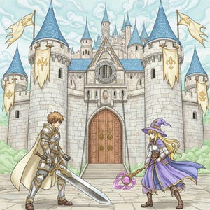 May include: An illustration of a medieval castle with blue-roofed towers and a large wooden door. A knight in silver armor with a sword faces a sorceress in a purple robe holding a staff. Flags with gold emblems hang from the castle walls.