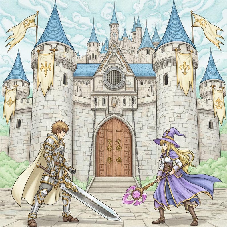 May include: An illustration of a medieval castle with blue-roofed towers and a large wooden door. A knight in silver armor with a sword faces a sorceress in a purple robe holding a staff. Flags with gold emblems hang from the castle walls.