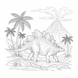 A detailed black and white line art coloring page of a Stegosaurus dinosaur in a prehistoric landscape. Features an erupting volcano, palm trees, and mountains in the background. An interior preview from the 160-page Jurassic World Adventure coloring book, ideal for kids' creative play and school activities.