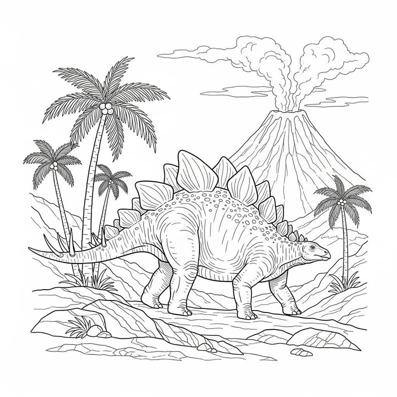 A detailed black and white line art coloring page of a Stegosaurus dinosaur in a prehistoric landscape. Features an erupting volcano, palm trees, and mountains in the background. An interior preview from the 160-page Jurassic World Adventure coloring book, ideal for kids' creative play and school activities.