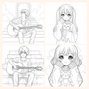 May include: Four-panel illustration featuring anime-style characters. Two panels show young men playing acoustic guitars while seated on steps. The other two panels depict young women holding stuffed animals. All are black and white line drawings.