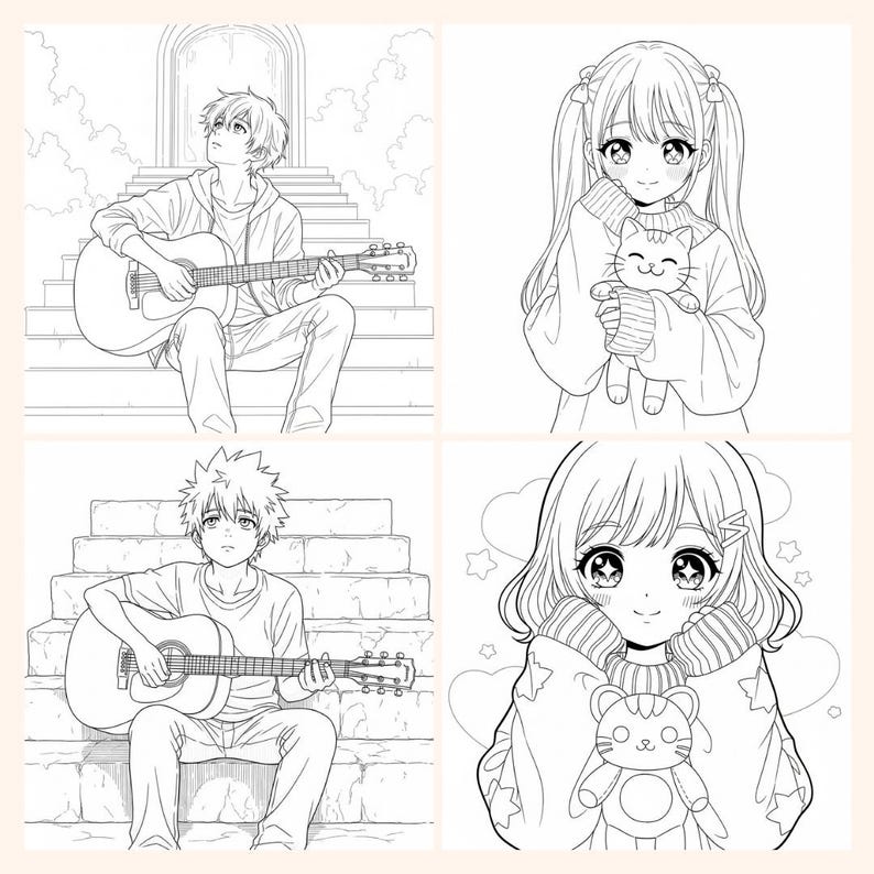 May include: Four-panel illustration featuring anime-style characters. Two panels show young men playing acoustic guitars while seated on steps. The other two panels depict young women holding stuffed animals. All are black and white line drawings.