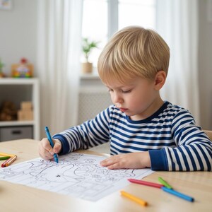 May include: A young child, wearing a blue and white striped long-sleeve shirt, is coloring at a light wood table. Several crayons are scattered around a coloring book with a partially colored image. A small white dish is on the table.