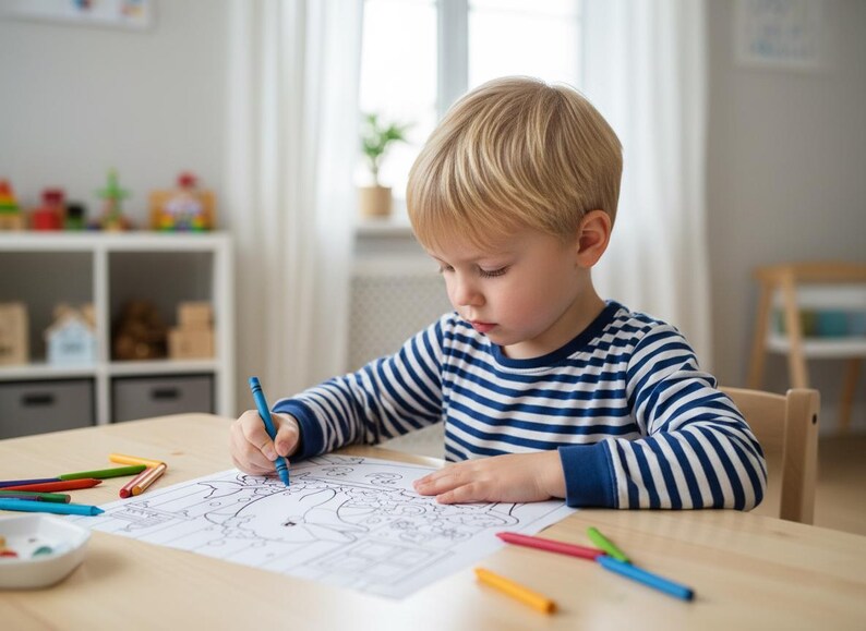 May include: A young child, wearing a blue and white striped long-sleeve shirt, is coloring at a light wood table. Several crayons are scattered around a coloring book with a partially colored image. A small white dish is on the table.