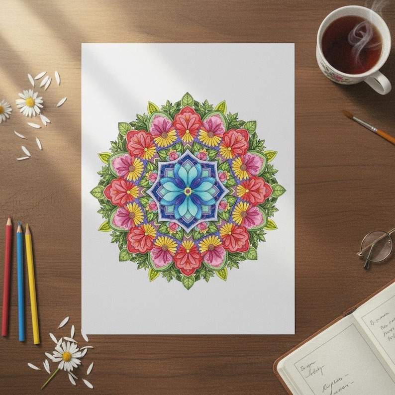 A beautiful, hand-colored floral mandala with a striking blue and teal center, surrounded by layers of vibrant red, pink, and yellow petals. This lifestyle preview features the coloring page on a wooden desk next to a steaming cup of tea, colored pencils, and a notebook, perfectly capturing the peaceful and creative atmosphere of our 100-page Floral Mandala collection for adult relaxation and mindfulness.